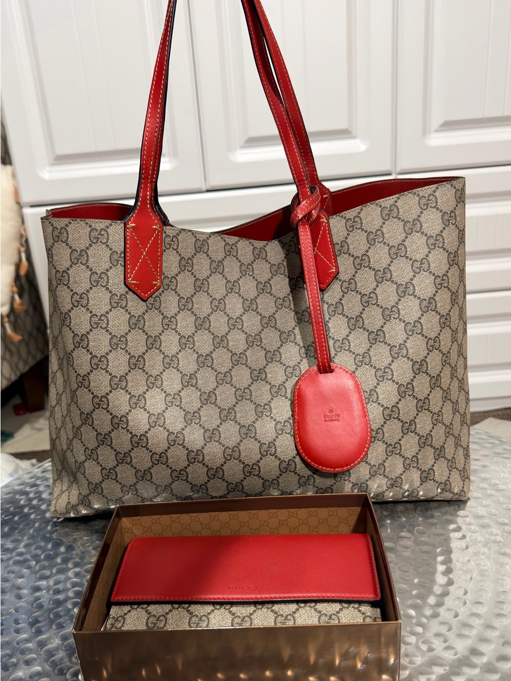 Gucci GG Reversible Supreme Tote with Red Leather Trim